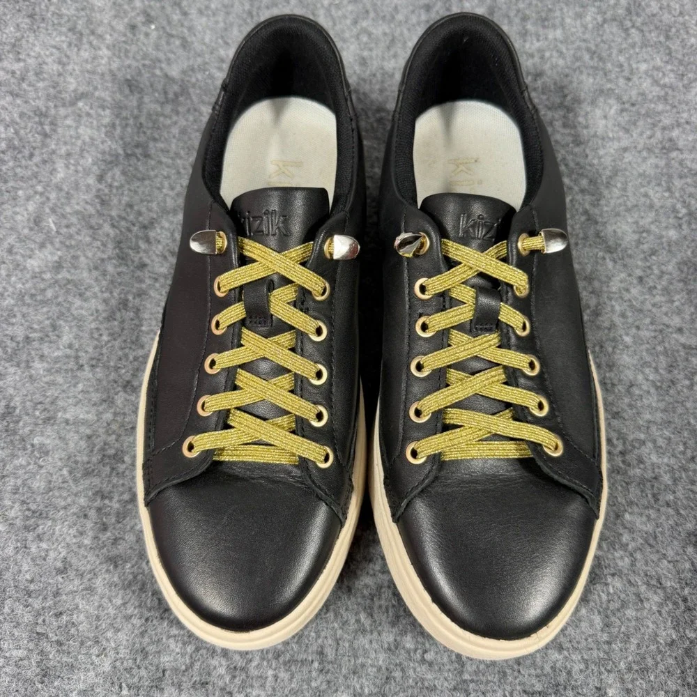 Kizik Vegas Hands Free Sneakers Womens 8 Mens 6.5 Black Gold Leather EUC